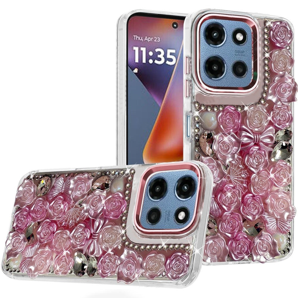 For Moto G 2025 Case Roses Arrangement 3D Bling Phone Cover + Tempered Glass