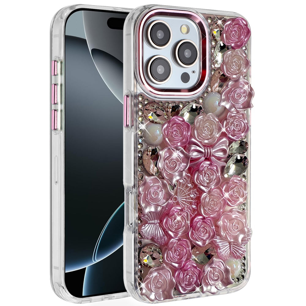 For iPhone 16 PRO MAX Case Roses Arrangement 3D Bling Cover + Tempered Glass