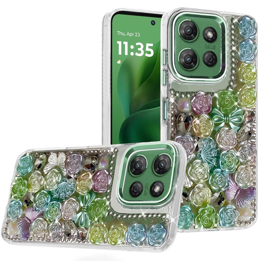 For Moto G Power 2025 Case Roses Arrangement 3D Bling Cover + Tempered Glass