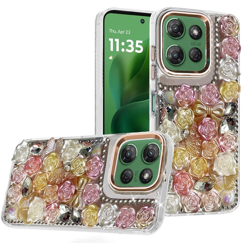 For Moto G Power 2025 Case Roses Arrangement 3D Bling Cover + Tempered Glass