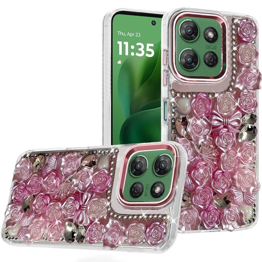 For Moto G Power 2025 Case Roses Arrangement 3D Bling Cover + Tempered Glass