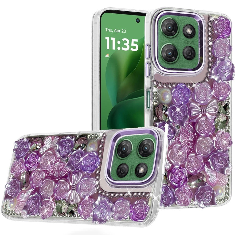 For Moto G Power 2025 Case Roses Arrangement 3D Bling Cover + Tempered Glass