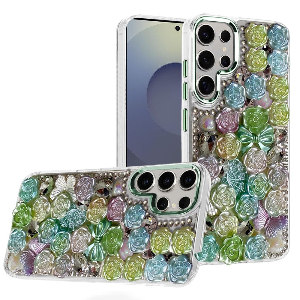 For Samsung S25 Ultra Case Roses Arrangement 3D Bling Cover + Tempered Glass