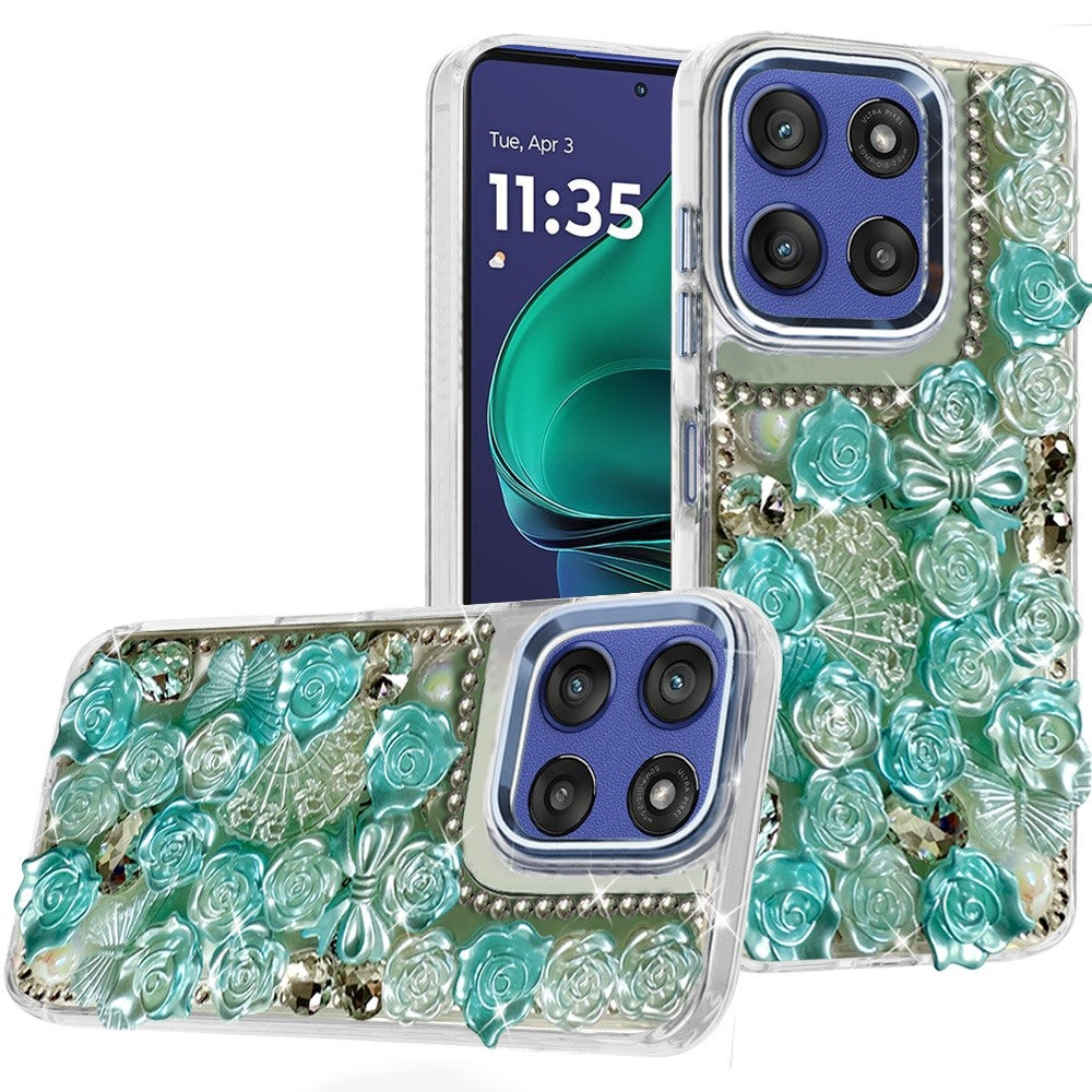 For Moto G Stylus 2025 Case Roses Arrangement 3D Bling Cover + Tempered Glass