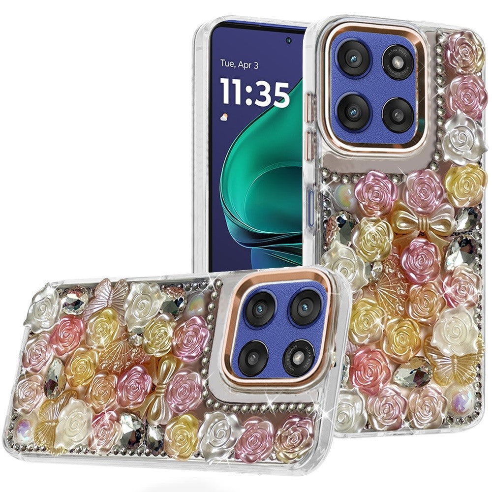 For Moto G Stylus 2025 Case Roses Arrangement 3D Bling Cover + Tempered Glass