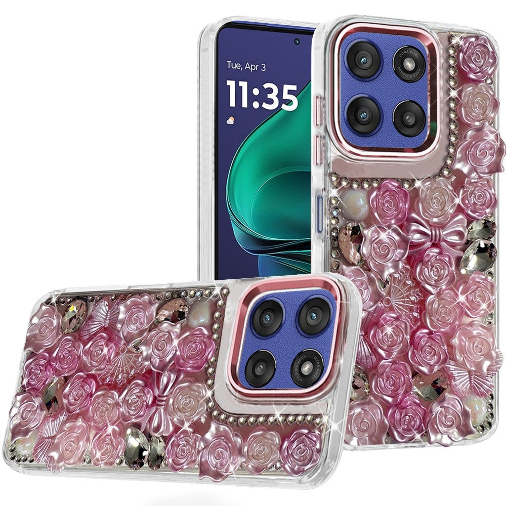 For Moto G Stylus 2025 Case Roses Arrangement 3D Bling Cover + Tempered Glass