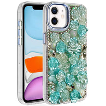 For iPhone 11 6.1 in. Case Roses Arrangement 3D Bling Cover + Tempered Glass