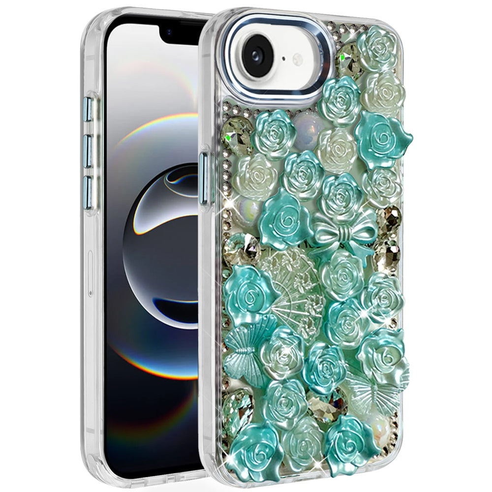 For iPhone 16e Case Roses Arrangement 3D Bling Phone Cover + Tempered Glass