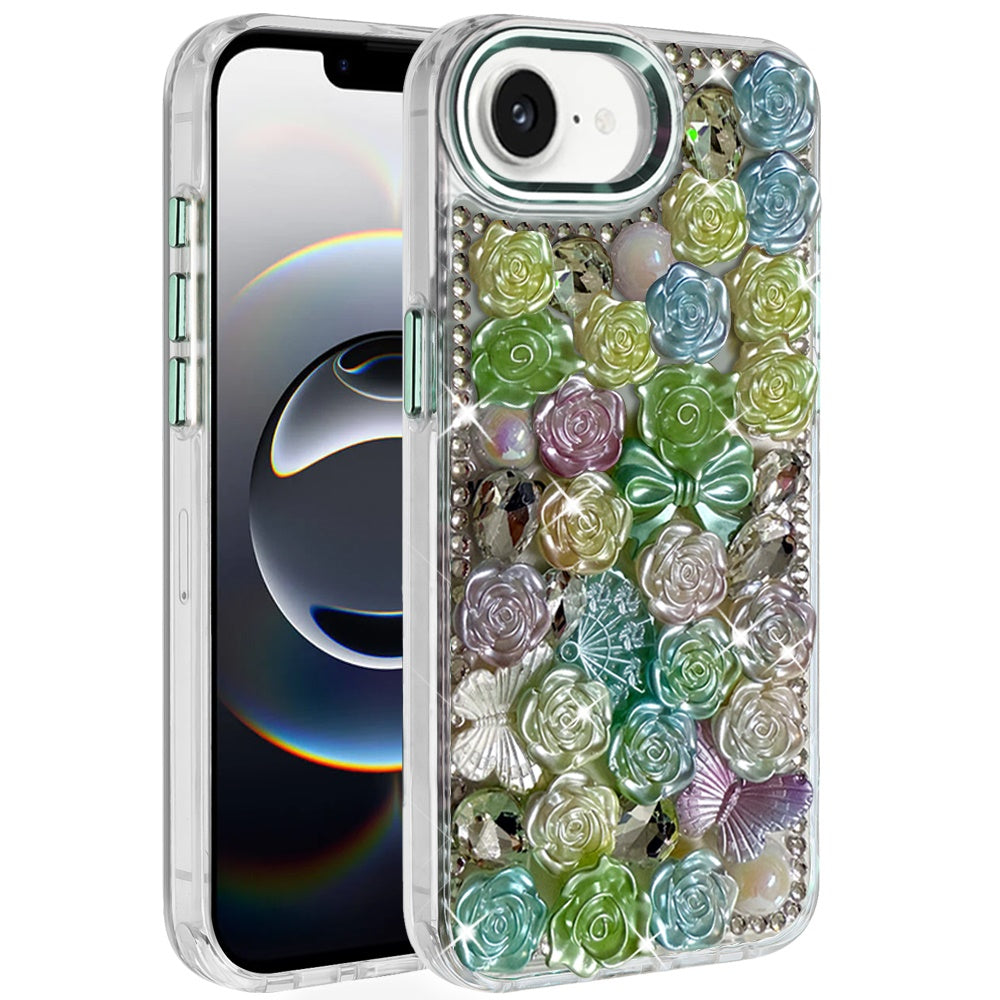 For iPhone 16e Case Roses Arrangement 3D Bling Phone Cover + Tempered Glass