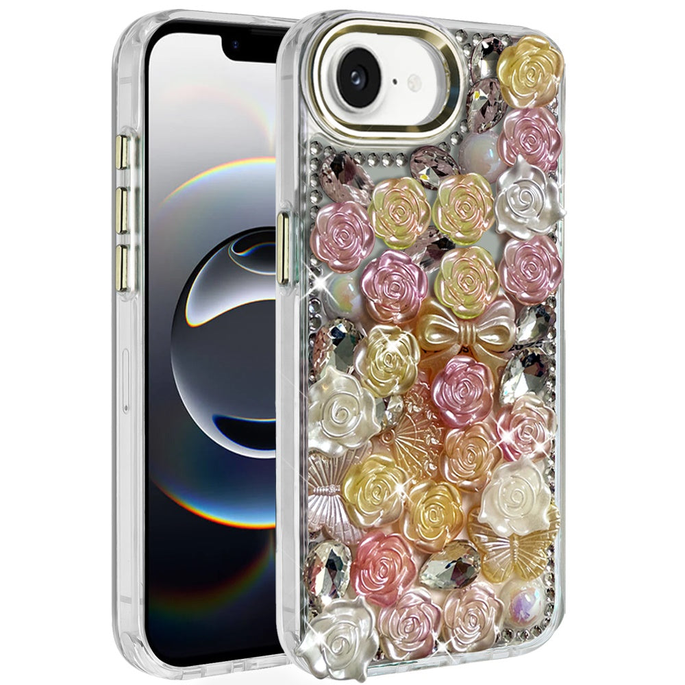 For iPhone 16e Case Roses Arrangement 3D Bling Phone Cover + Tempered Glass