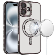 For iPhone 16 6.1inch Case Rhinestone Trim Magnetic Circle + Tempered Glass