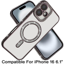 For iPhone 16 6.1inch Case Rhinestone Trim Magnetic Circle + Tempered Glass