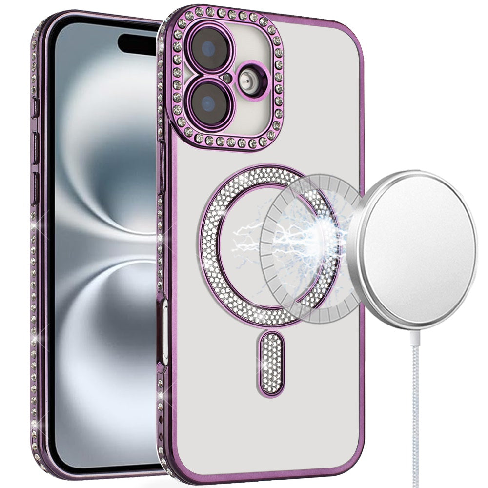 For iPhone 16 6.1inch Case Rhinestone Trim Magnetic Circle + Tempered Glass
