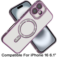 For iPhone 16 6.1inch Case Rhinestone Trim Magnetic Circle + Tempered Glass