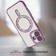For iPhone 16 6.1inch Case Rhinestone Trim Magnetic Circle + Tempered Glass