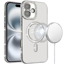 For iPhone 16 6.1inch Case Rhinestone Trim Magnetic Circle + Tempered Glass