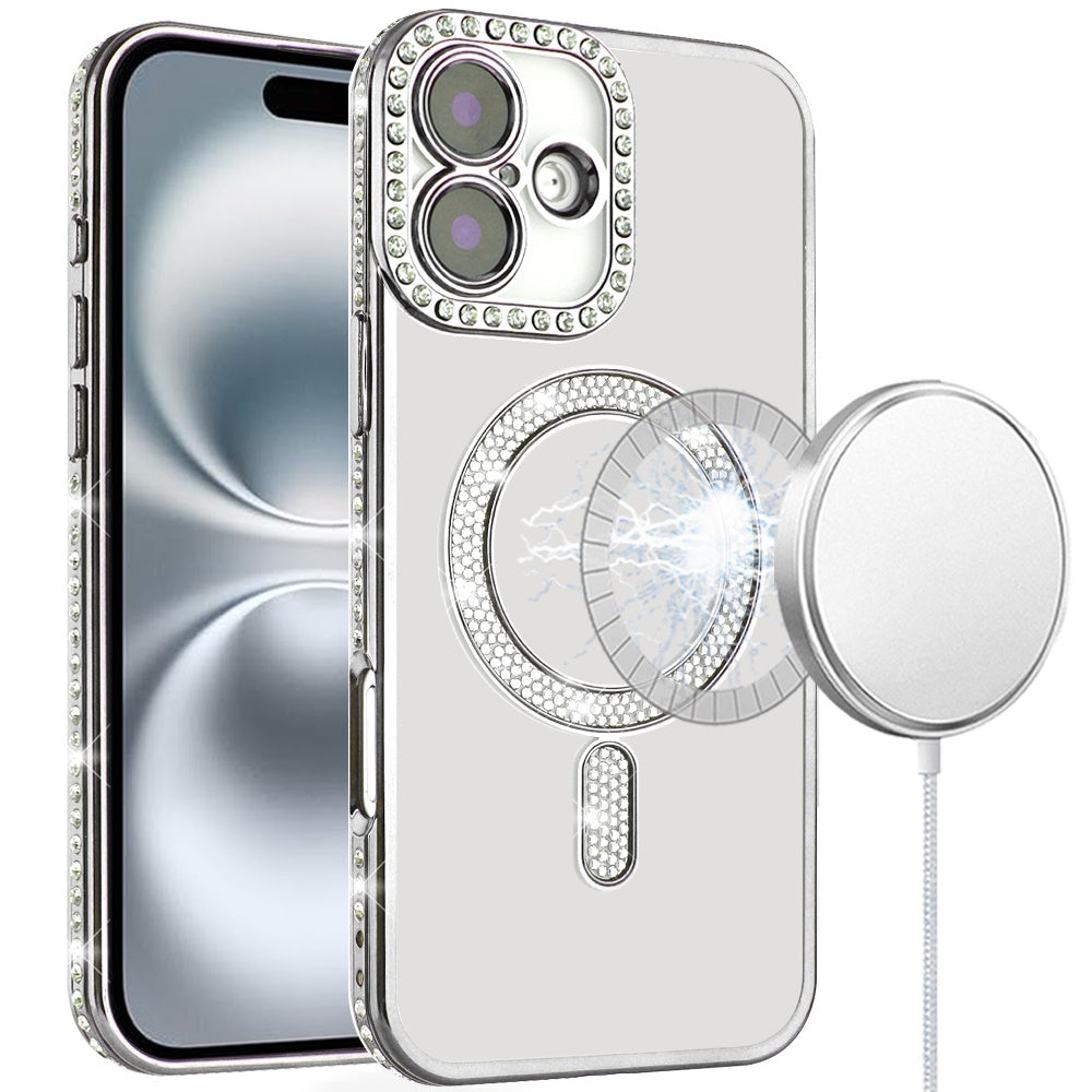 For iPhone 16 6.1inch Case Rhinestone Trim Magnetic Circle + Tempered Glass