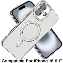 For iPhone 16 6.1inch Case Rhinestone Trim Magnetic Circle + Tempered Glass