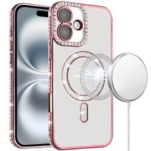 For iPhone 16 6.1inch Case Rhinestone Trim Magnetic Circle + Tempered Glass