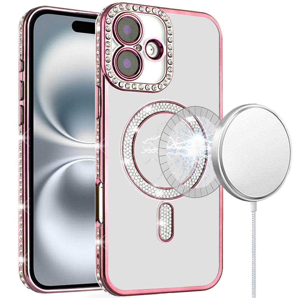 For iPhone 16 6.1inch Case Rhinestone Trim Magnetic Circle + Tempered Glass