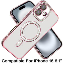 For iPhone 16 6.1inch Case Rhinestone Trim Magnetic Circle + Tempered Glass