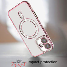 For iPhone 16 6.1inch Case Rhinestone Trim Magnetic Circle + Tempered Glass