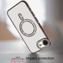For iPhone 16e Case Rhinestone Bling Trim Magnetic Circle Cover + Tempered Glass