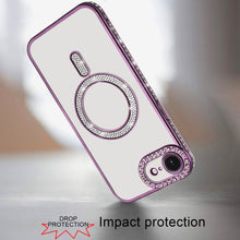 For iPhone 16e Case Rhinestone Bling Trim Magnetic Circle Cover + Tempered Glass