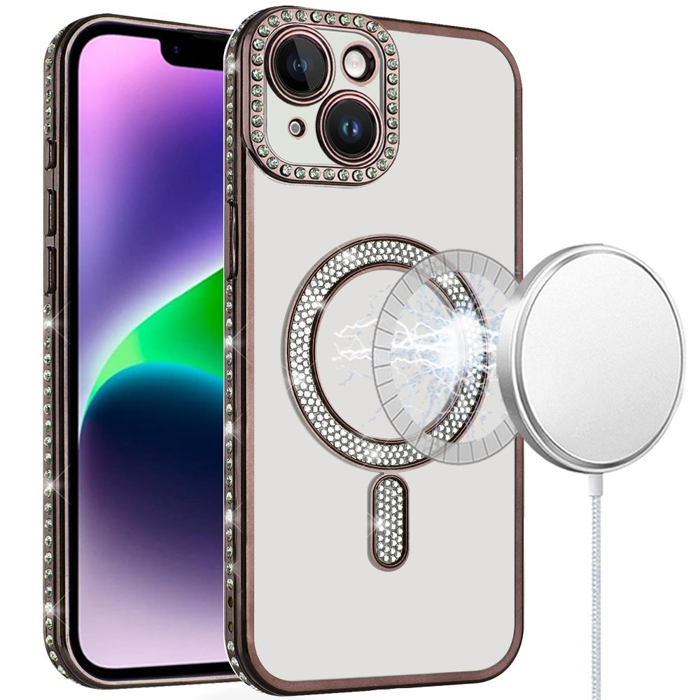 For iPhone 13/14 Case Rhinestone Bling Trim w/ Magnetic Circle + Tempered Glass