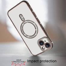 For iPhone 13/14 Case Rhinestone Bling Trim w/ Magnetic Circle + Tempered Glass