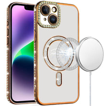 For iPhone 13/14 Case Rhinestone Bling Trim w/ Magnetic Circle + Tempered Glass