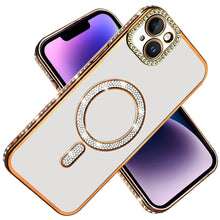 For iPhone 13/14 Case Rhinestone Bling Trim w/ Magnetic Circle + Tempered Glass