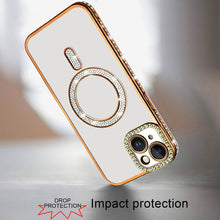 For iPhone 13/14 Case Rhinestone Bling Trim w/ Magnetic Circle + Tempered Glass