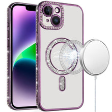 For iPhone 13/14 Case Rhinestone Bling Trim w/ Magnetic Circle + Tempered Glass