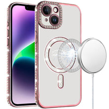 For iPhone 13/14 Case Rhinestone Bling Trim w/ Magnetic Circle + Tempered Glass