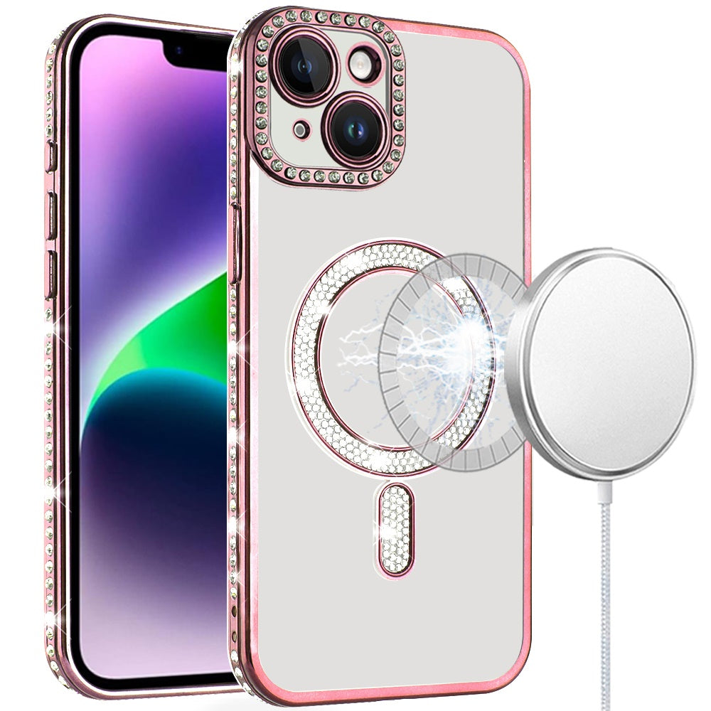 For iPhone 13/14 Case Rhinestone Bling Trim w/ Magnetic Circle + Tempered Glass