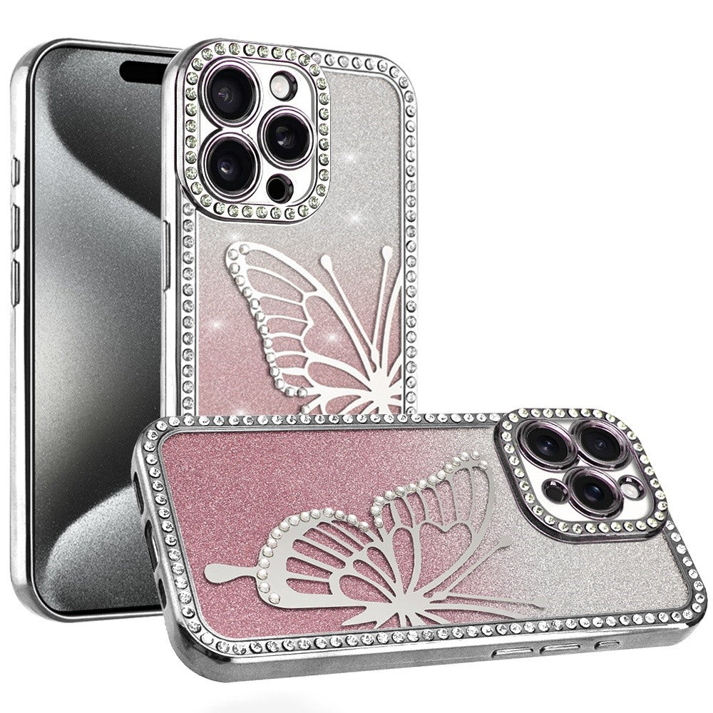 For iPhone 15 Pro Max Case Large Bling Butterfly Glitter Case + 2 Tempered Glass