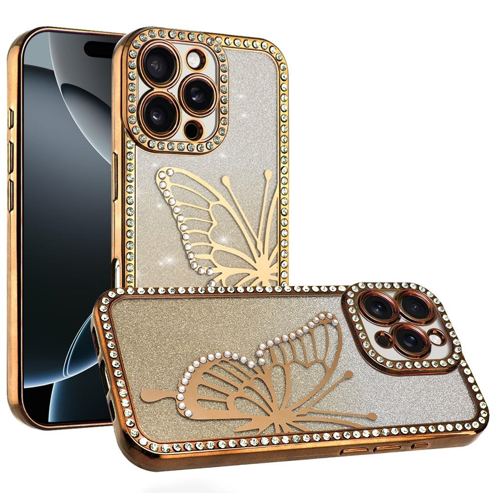 For iPhone 16 PRO MAX Case Large Bling Butterfly Glitter Case + Tempered Glass