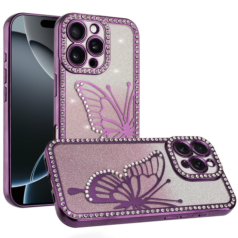 For iPhone 16 PRO MAX Case Large Bling Butterfly Glitter Case + Tempered Glass