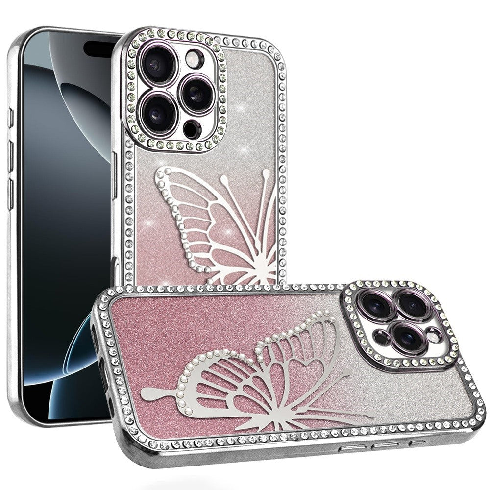 For iPhone 16 PRO MAX Case Large Bling Butterfly Glitter Case + Tempered Glass