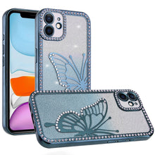 For iPhone 11 6.1 in. Case Large Bling Butterfly Glitter Case + Tempered Glass