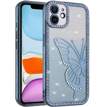 For iPhone 11 6.1 in. Case Large Bling Butterfly Glitter Case + Tempered Glass