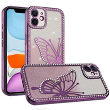 For iPhone 11 6.1 in. Case Large Bling Butterfly Glitter Case + Tempered Glass