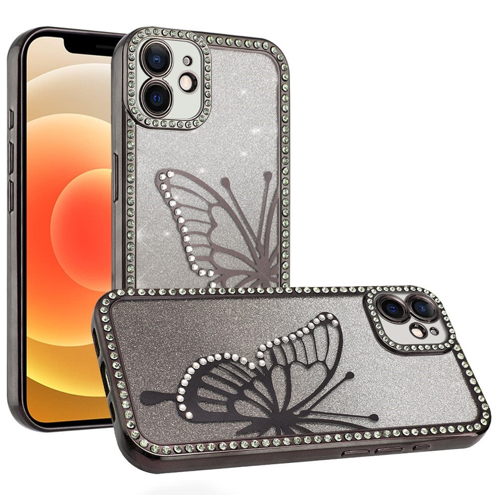 For iPhone 12, 12 Pro Case Large Bling Butterfly Glitter Case + Tempered Glass