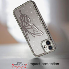 For iPhone 12, 12 Pro Case Large Bling Butterfly Glitter Case + Tempered Glass