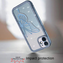 For iPhone 12, 12 Pro Case Large Bling Butterfly Glitter Case + Tempered Glass