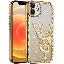 For iPhone 12, 12 Pro Case Large Bling Butterfly Glitter Case + Tempered Glass