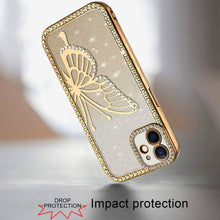For iPhone 12, 12 Pro Case Large Bling Butterfly Glitter Case + Tempered Glass