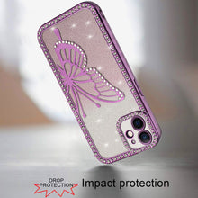 For iPhone 12, 12 Pro Case Large Bling Butterfly Glitter Case + Tempered Glass