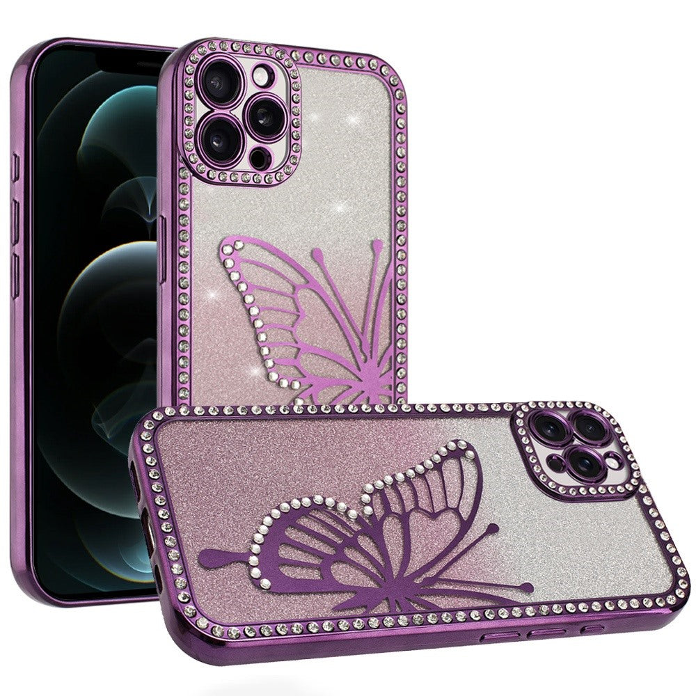 For iPhone 12 Pro Max Case Large Bling Butterfly Glitter Case + Tempered Glass